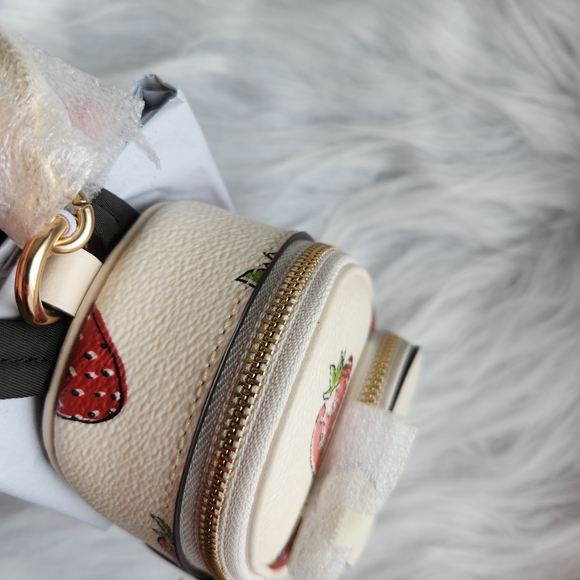 Coach Cream Mini Backpack Keychain with Strawberry Print - Picture 3 of 8